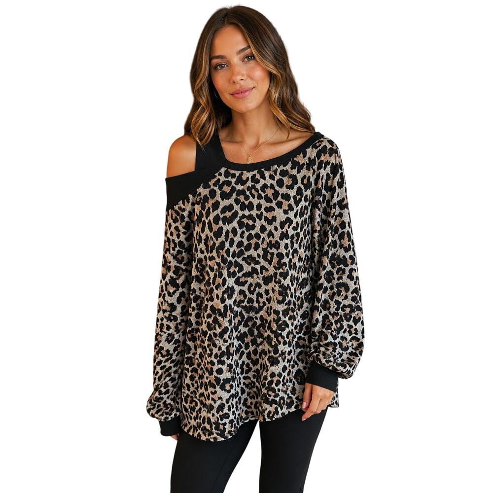 BIBI XL off shoulder leapord print black brown sweater winter warm career casual